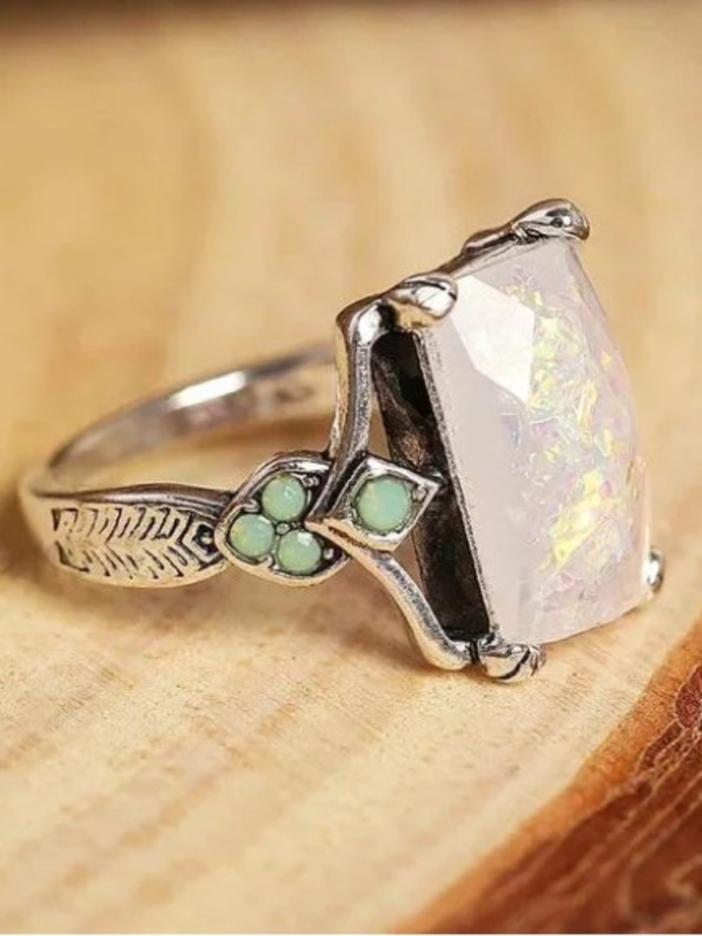 Sterling Silver White Opal Statement Ring with Mint Accents vintage look size 8